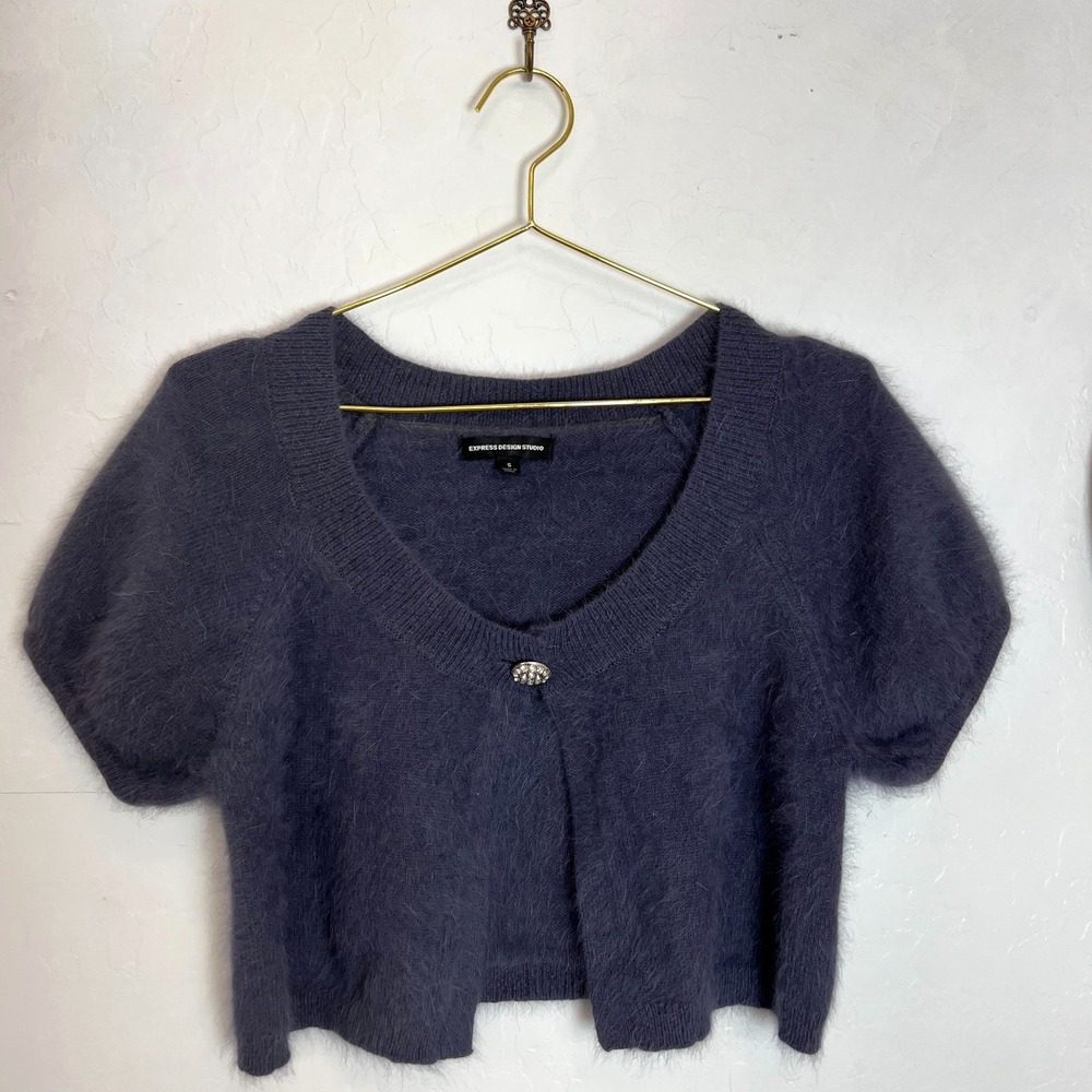 Express Design Studio VTG Y2K Angora Fuzzy Cropped Cardigan Shrug Sweater Sz S